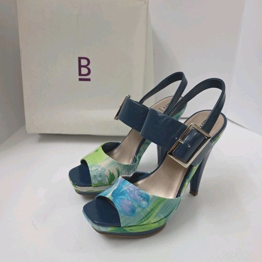 Bakers Womens Size 7 Blue Green Floral Platform Slingback High Heel Sandals Box